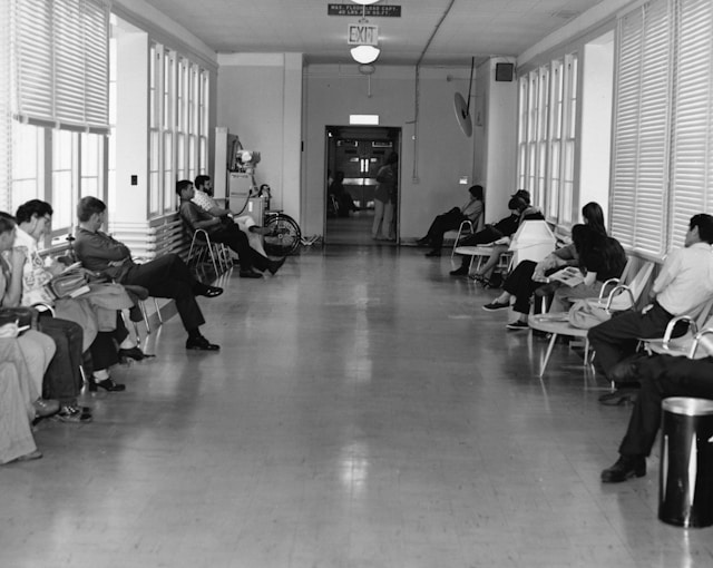 the inside of a busy clinic waiting room