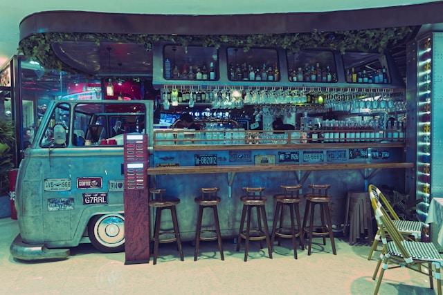 a camper van converted into a mini cocktail bar