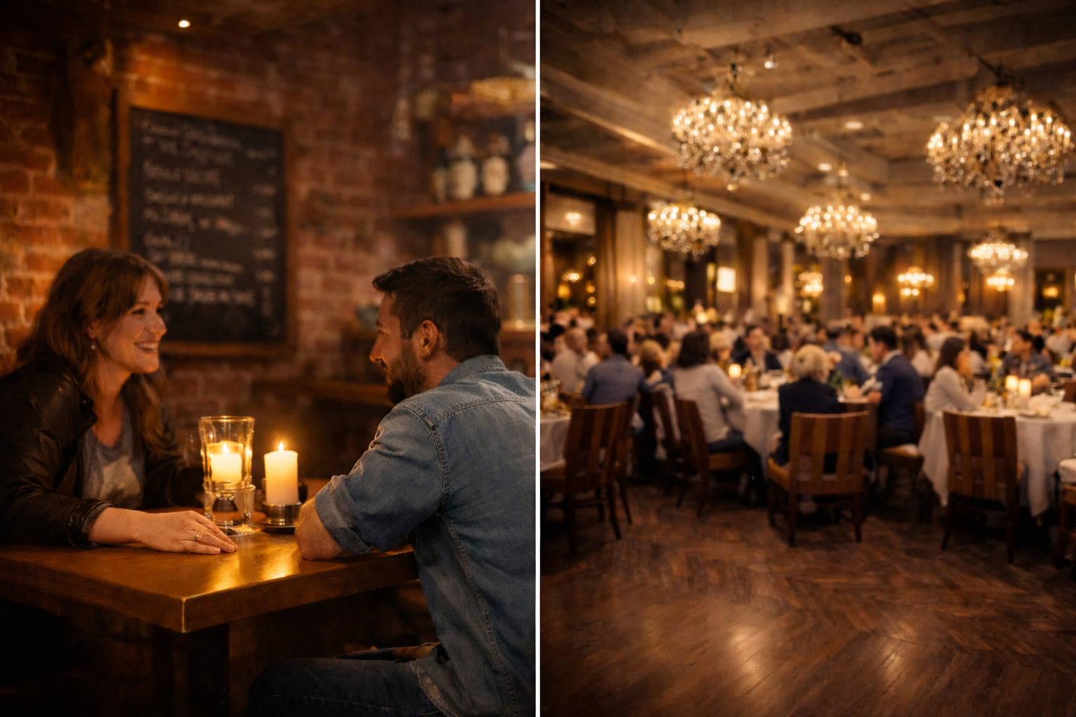 a 50/50 image of the inside of a small restaurant and the inside of a busy dining hall