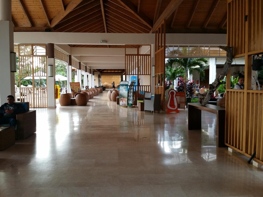 the inside of a hotel lobby